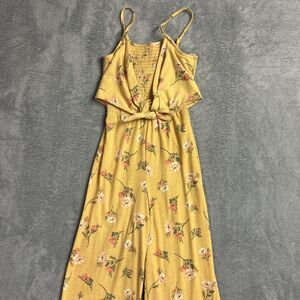 NO BOUNDARIES Womens XS 1 Yellow Floral Print Tie Front Wide Leg Jumpsuit Romper